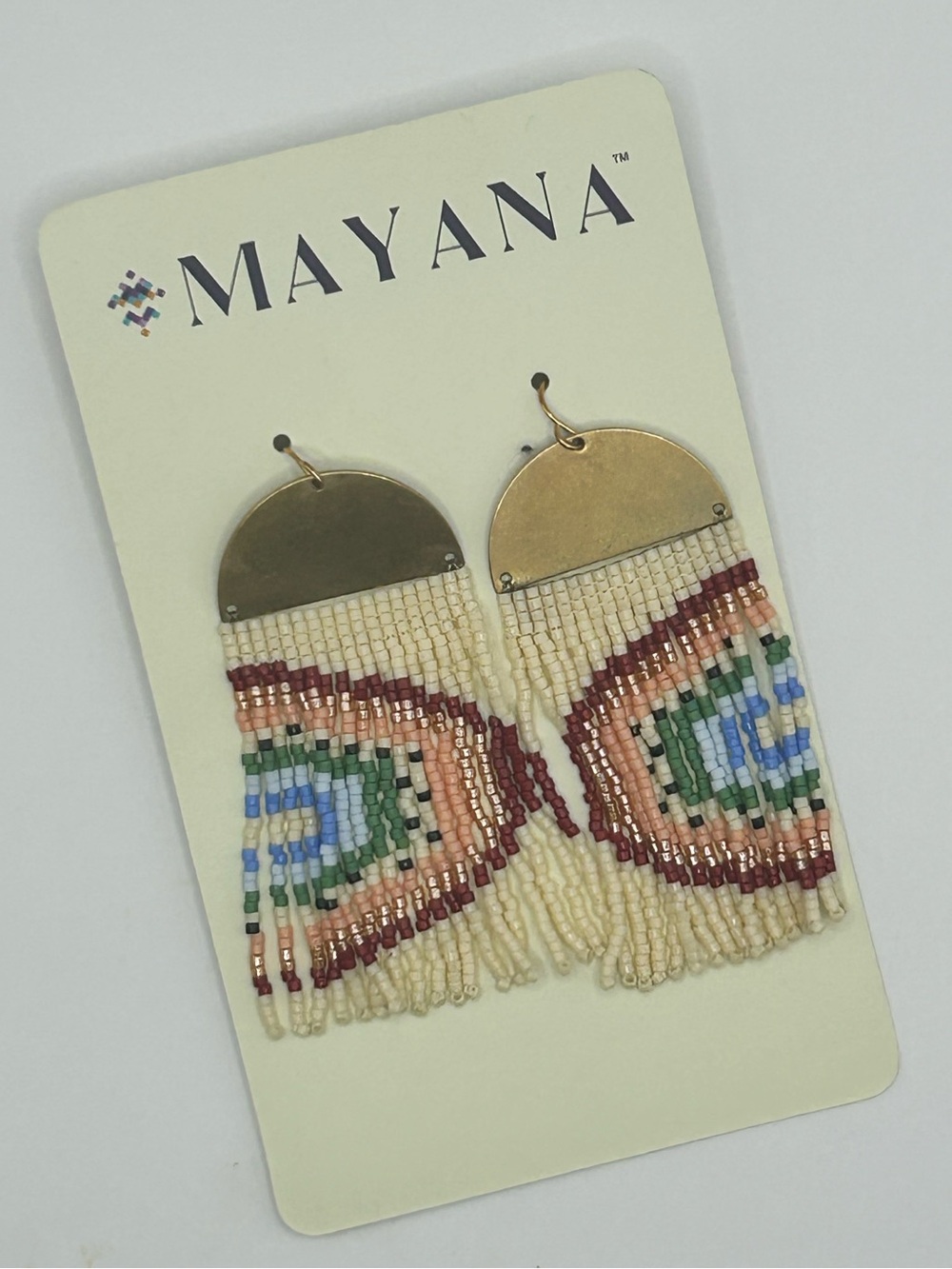 Maya Cream and Multicolor Beaded Fringe Earrings with Gold-Tone Arc